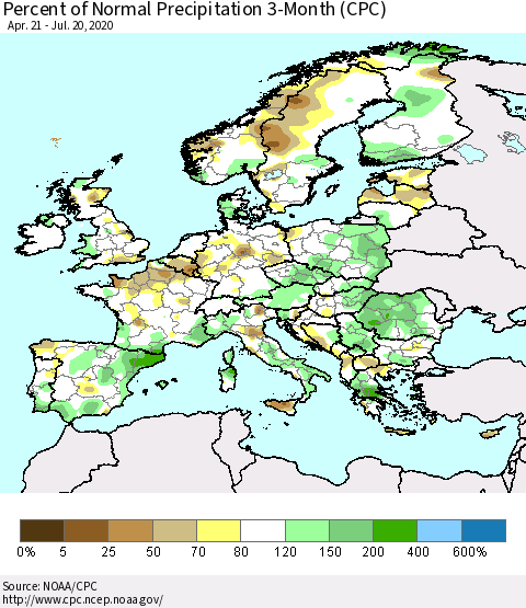 Europe Percent of Normal Precipitation 3-Month (CPC) Thematic Map For 4/21/2020 - 7/20/2020