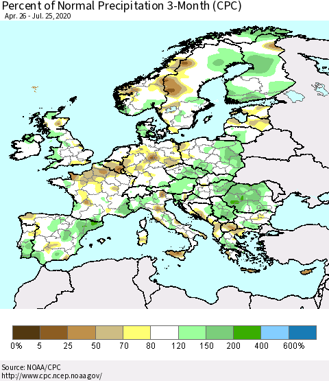 Europe Percent of Normal Precipitation 3-Month (CPC) Thematic Map For 4/26/2020 - 7/25/2020