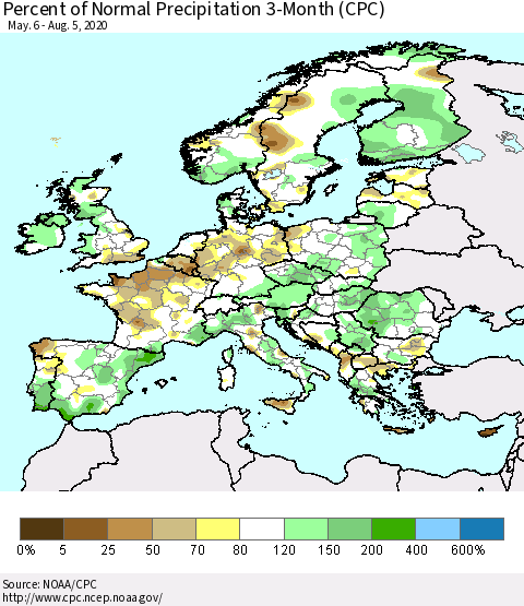 Europe Percent of Normal Precipitation 3-Month (CPC) Thematic Map For 5/6/2020 - 8/5/2020