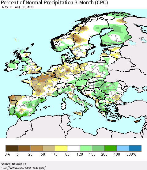 Europe Percent of Normal Precipitation 3-Month (CPC) Thematic Map For 5/11/2020 - 8/10/2020
