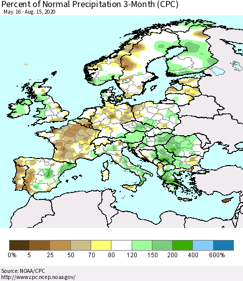 Europe Percent of Normal Precipitation 3-Month (CPC) Thematic Map For 5/16/2020 - 8/15/2020