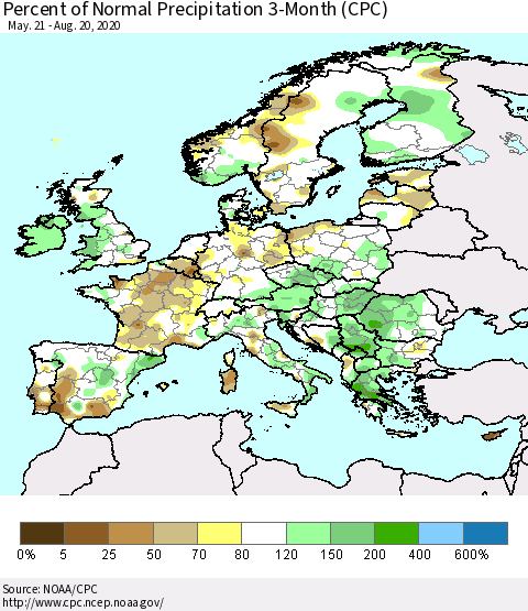 Europe Percent of Normal Precipitation 3-Month (CPC) Thematic Map For 5/21/2020 - 8/20/2020