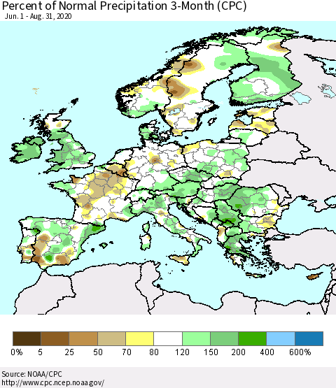 Europe Percent of Normal Precipitation 3-Month (CPC) Thematic Map For 6/1/2020 - 8/31/2020