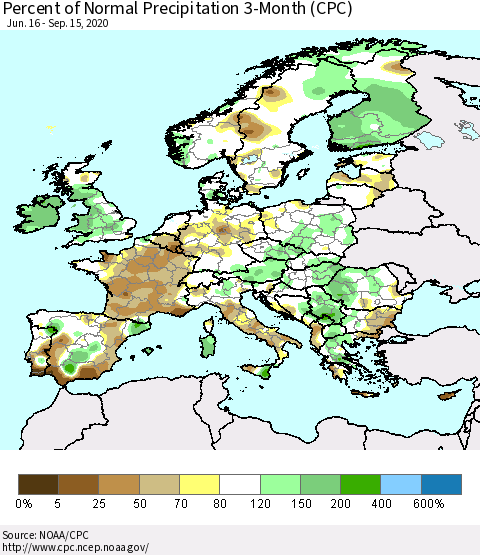 Europe Percent of Normal Precipitation 3-Month (CPC) Thematic Map For 6/16/2020 - 9/15/2020