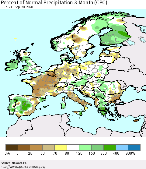 Europe Percent of Normal Precipitation 3-Month (CPC) Thematic Map For 6/21/2020 - 9/20/2020