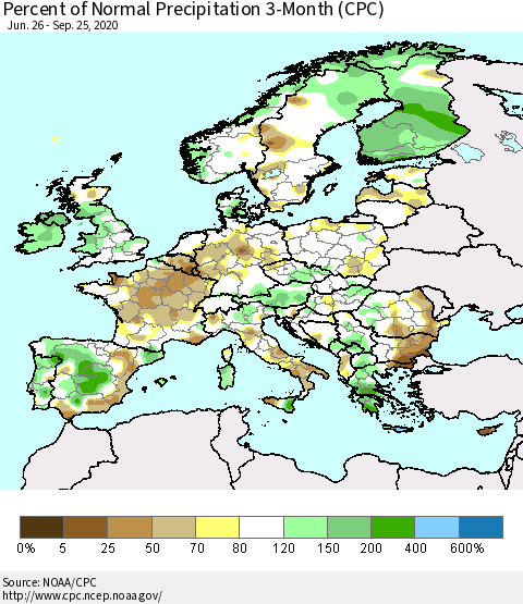 Europe Percent of Normal Precipitation 3-Month (CPC) Thematic Map For 6/26/2020 - 9/25/2020