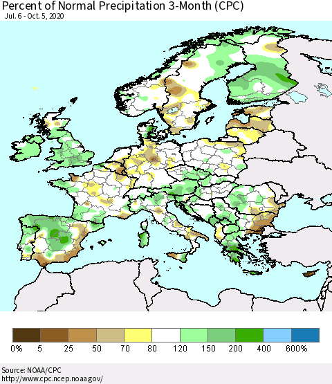 Europe Percent of Normal Precipitation 3-Month (CPC) Thematic Map For 7/6/2020 - 10/5/2020