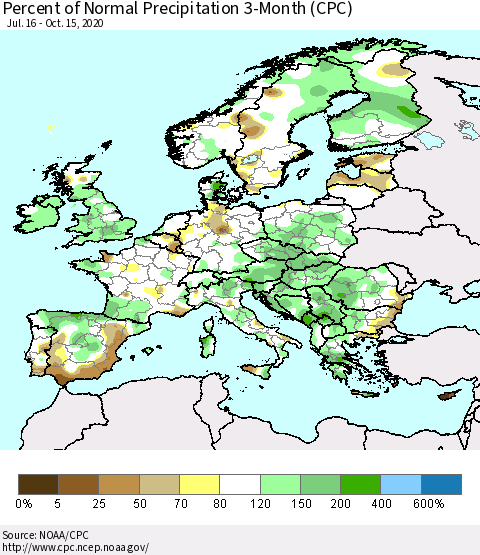Europe Percent of Normal Precipitation 3-Month (CPC) Thematic Map For 7/16/2020 - 10/15/2020