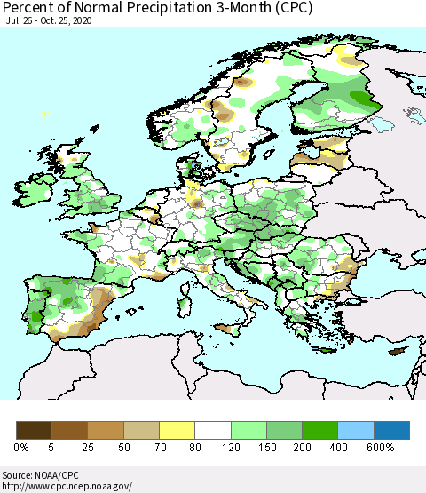 Europe Percent of Normal Precipitation 3-Month (CPC) Thematic Map For 7/26/2020 - 10/25/2020
