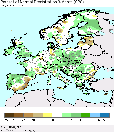 Europe Percent of Normal Precipitation 3-Month (CPC) Thematic Map For 8/1/2020 - 10/31/2020