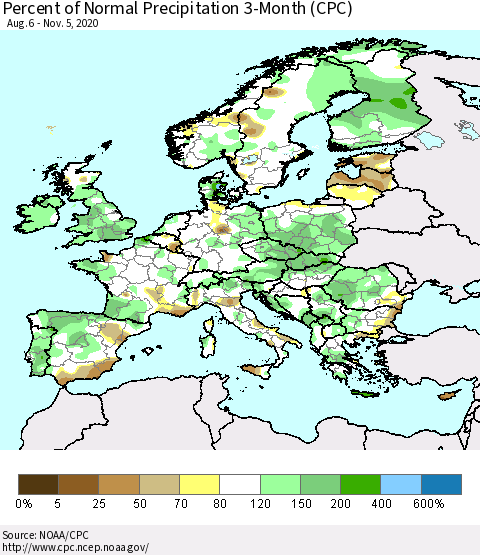 Europe Percent of Normal Precipitation 3-Month (CPC) Thematic Map For 8/6/2020 - 11/5/2020