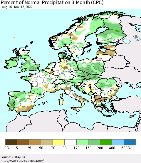 Europe Percent of Normal Precipitation 3-Month (CPC) Thematic Map For 8/16/2020 - 11/15/2020