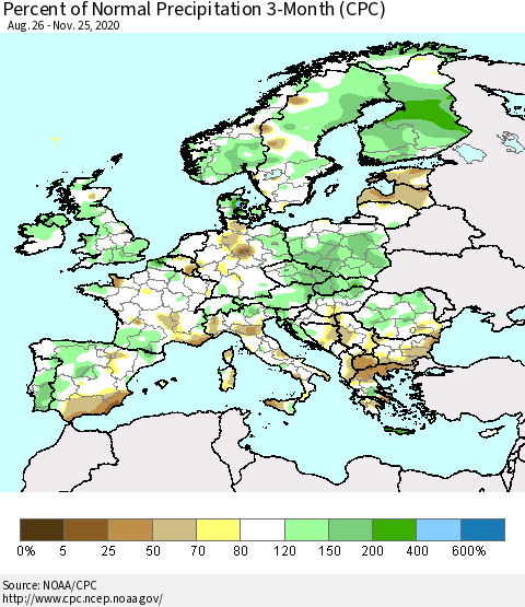 Europe Percent of Normal Precipitation 3-Month (CPC) Thematic Map For 8/26/2020 - 11/25/2020