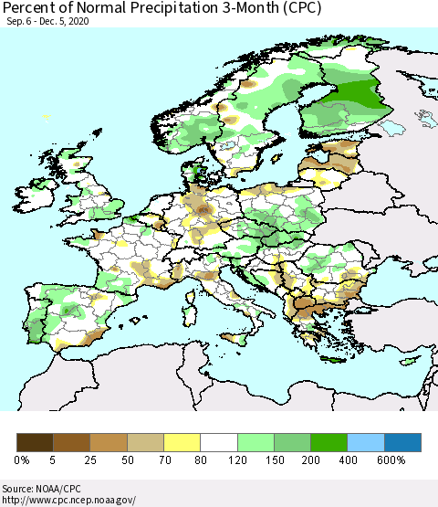Europe Percent of Normal Precipitation 3-Month (CPC) Thematic Map For 9/6/2020 - 12/5/2020