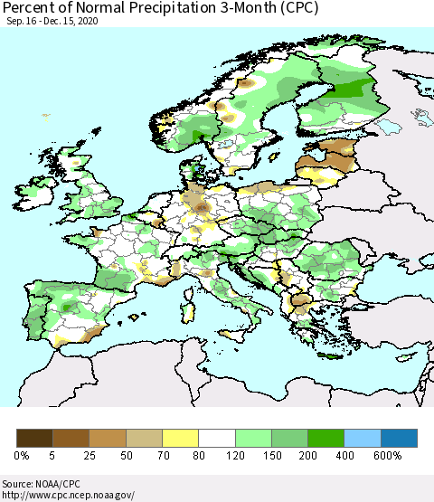 Europe Percent of Normal Precipitation 3-Month (CPC) Thematic Map For 9/16/2020 - 12/15/2020