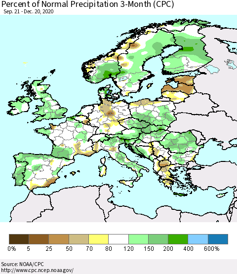 Europe Percent of Normal Precipitation 3-Month (CPC) Thematic Map For 9/21/2020 - 12/20/2020