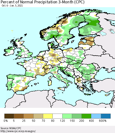 Europe Percent of Normal Precipitation 3-Month (CPC) Thematic Map For 10/6/2020 - 1/5/2021