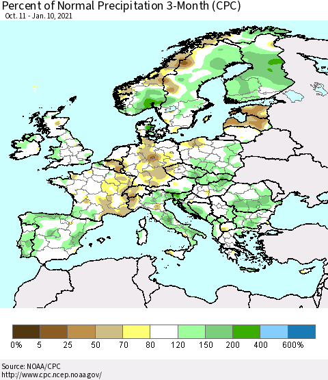 Europe Percent of Normal Precipitation 3-Month (CPC) Thematic Map For 10/11/2020 - 1/10/2021