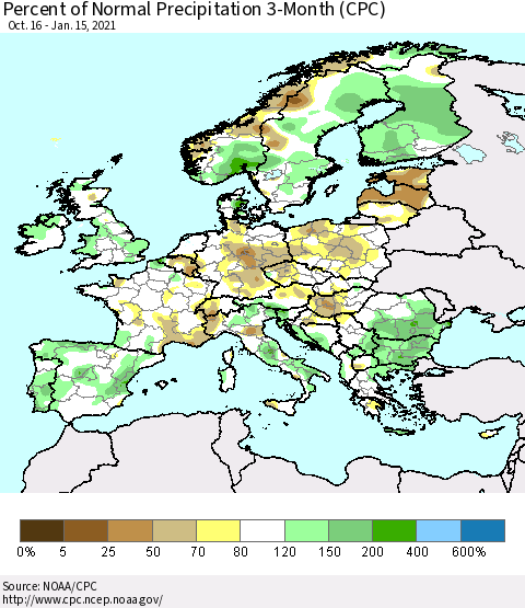 Europe Percent of Normal Precipitation 3-Month (CPC) Thematic Map For 10/16/2020 - 1/15/2021
