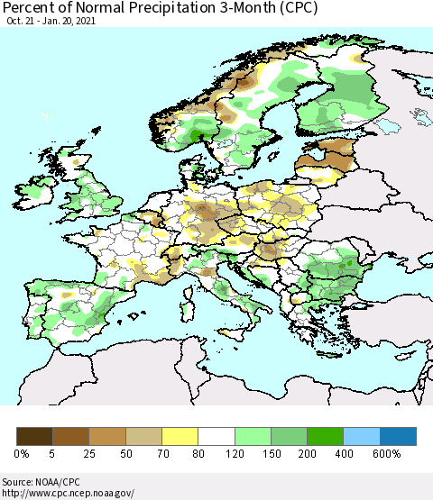 Europe Percent of Normal Precipitation 3-Month (CPC) Thematic Map For 10/21/2020 - 1/20/2021