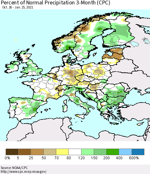 Europe Percent of Normal Precipitation 3-Month (CPC) Thematic Map For 10/26/2020 - 1/25/2021