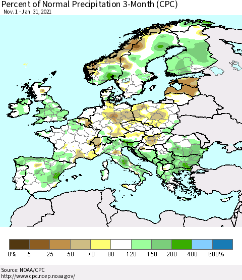Europe Percent of Normal Precipitation 3-Month (CPC) Thematic Map For 11/1/2020 - 1/31/2021