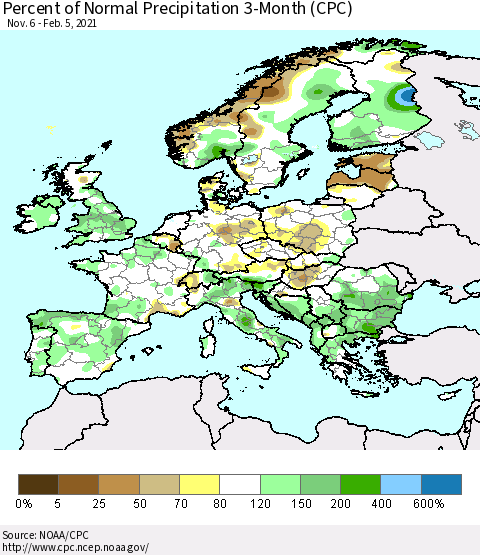 Europe Percent of Normal Precipitation 3-Month (CPC) Thematic Map For 11/6/2020 - 2/5/2021