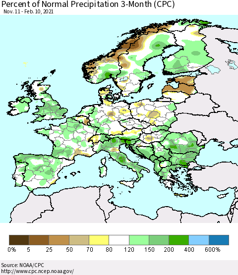 Europe Percent of Normal Precipitation 3-Month (CPC) Thematic Map For 11/11/2020 - 2/10/2021
