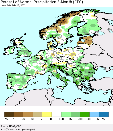 Europe Percent of Normal Precipitation 3-Month (CPC) Thematic Map For 11/16/2020 - 2/15/2021