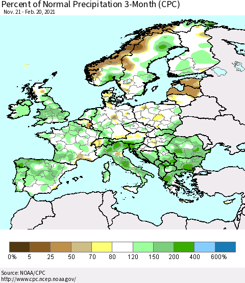Europe Percent of Normal Precipitation 3-Month (CPC) Thematic Map For 11/21/2020 - 2/20/2021