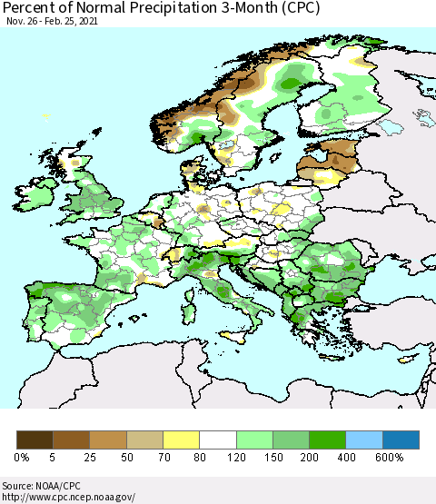 Europe Percent of Normal Precipitation 3-Month (CPC) Thematic Map For 11/26/2020 - 2/25/2021
