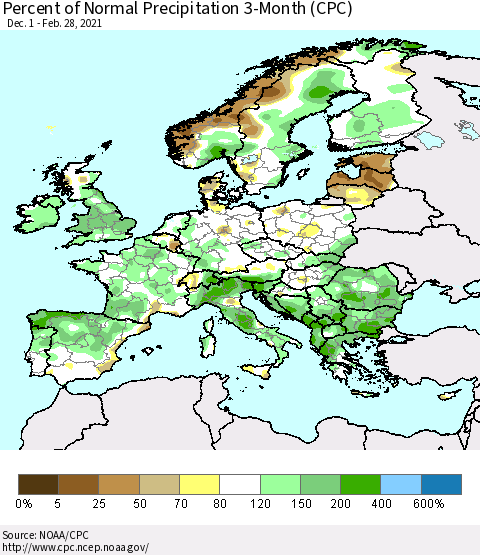 Europe Percent of Normal Precipitation 3-Month (CPC) Thematic Map For 12/1/2020 - 2/28/2021