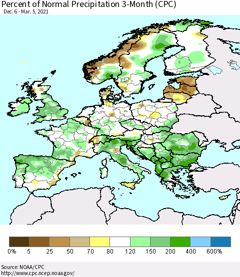 Europe Percent of Normal Precipitation 3-Month (CPC) Thematic Map For 12/6/2020 - 3/5/2021