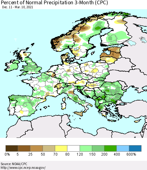 Europe Percent of Normal Precipitation 3-Month (CPC) Thematic Map For 12/11/2020 - 3/10/2021