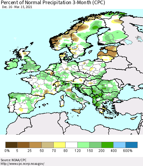 Europe Percent of Normal Precipitation 3-Month (CPC) Thematic Map For 12/16/2020 - 3/15/2021