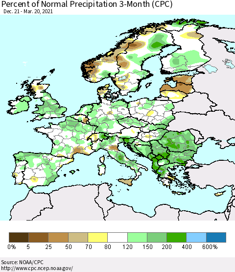 Europe Percent of Normal Precipitation 3-Month (CPC) Thematic Map For 12/21/2020 - 3/20/2021