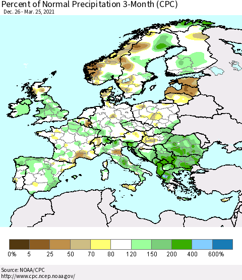 Europe Percent of Normal Precipitation 3-Month (CPC) Thematic Map For 12/26/2020 - 3/25/2021
