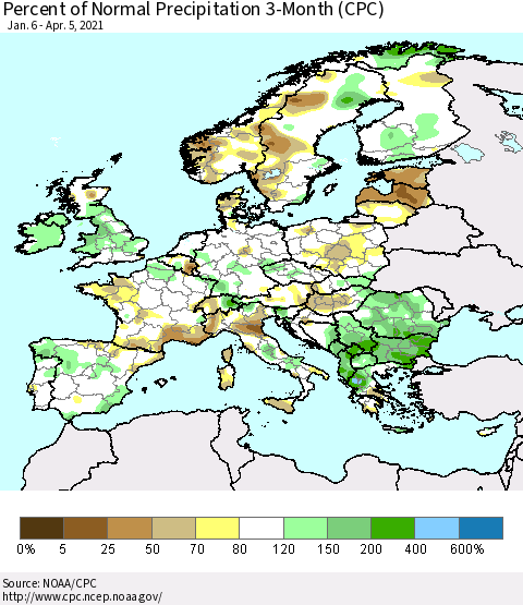 Europe Percent of Normal Precipitation 3-Month (CPC) Thematic Map For 1/6/2021 - 4/5/2021