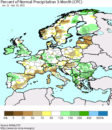 Europe Percent of Normal Precipitation 3-Month (CPC) Thematic Map For 1/11/2021 - 4/10/2021