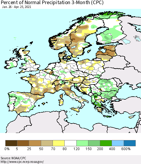 Europe Percent of Normal Precipitation 3-Month (CPC) Thematic Map For 1/26/2021 - 4/25/2021