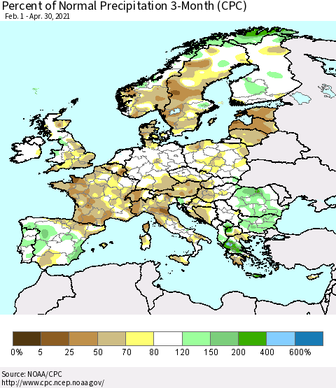 Europe Percent of Normal Precipitation 3-Month (CPC) Thematic Map For 2/1/2021 - 4/30/2021