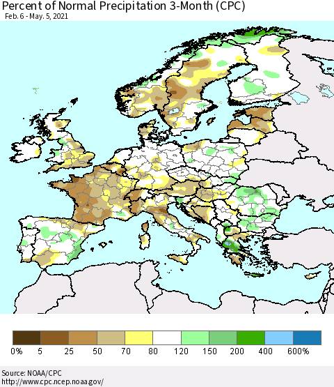 Europe Percent of Normal Precipitation 3-Month (CPC) Thematic Map For 2/6/2021 - 5/5/2021