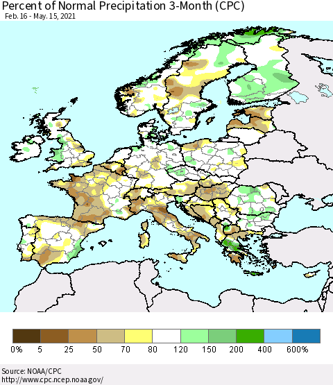 Europe Percent of Normal Precipitation 3-Month (CPC) Thematic Map For 2/16/2021 - 5/15/2021