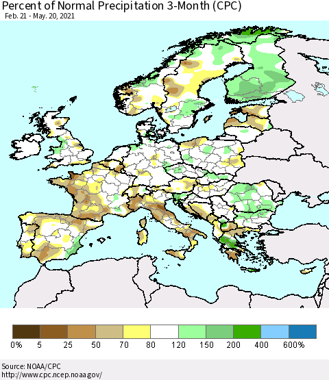 Europe Percent of Normal Precipitation 3-Month (CPC) Thematic Map For 2/21/2021 - 5/20/2021