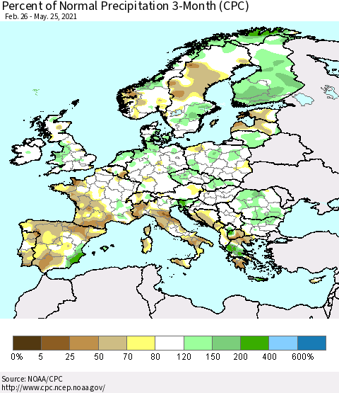 Europe Percent of Normal Precipitation 3-Month (CPC) Thematic Map For 2/26/2021 - 5/25/2021