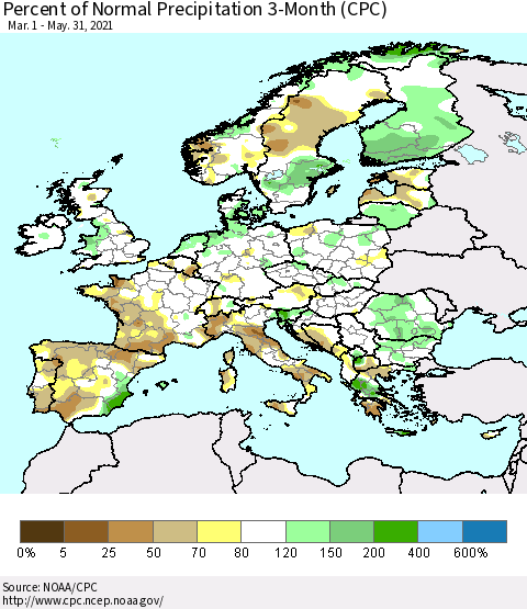 Europe Percent of Normal Precipitation 3-Month (CPC) Thematic Map For 3/1/2021 - 5/31/2021