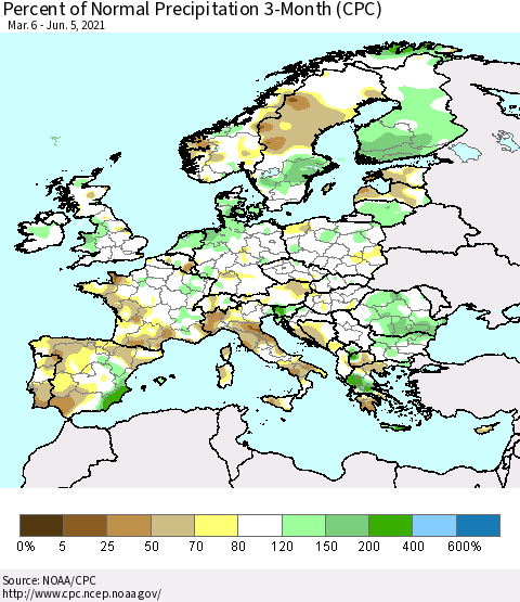 Europe Percent of Normal Precipitation 3-Month (CPC) Thematic Map For 3/6/2021 - 6/5/2021
