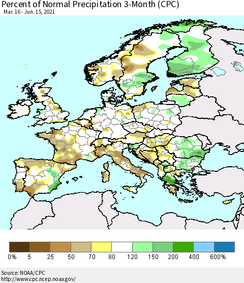 Europe Percent of Normal Precipitation 3-Month (CPC) Thematic Map For 3/16/2021 - 6/15/2021