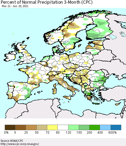 Europe Percent of Normal Precipitation 3-Month (CPC) Thematic Map For 3/21/2021 - 6/20/2021