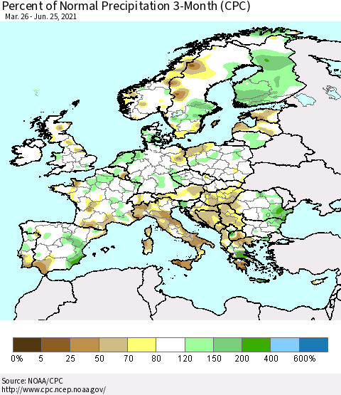 Europe Percent of Normal Precipitation 3-Month (CPC) Thematic Map For 3/26/2021 - 6/25/2021
